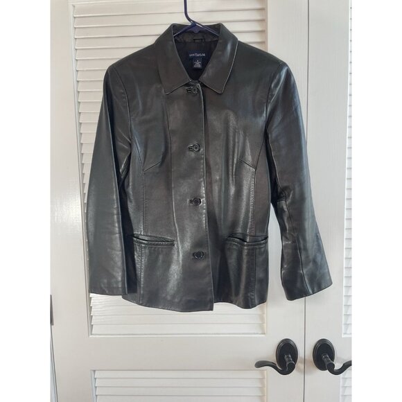 Ann Taylor Jacket Coat 100% Leather Button-up Collard Pockets Chic Women's S - Picture 1 of 10